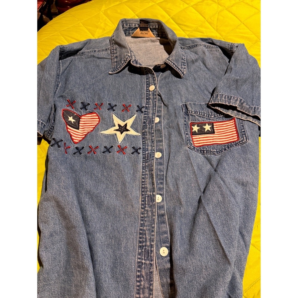 Natural Impressions Denim Shirt Women XL Blue Good Patriotic Stars Americana - Picture 3 of 10